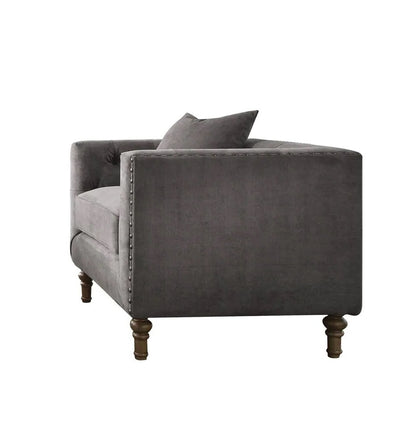 LAUREL 41" GRAY AND ANTIQUED BRASS VELVET TUFTED ARMCHAIR AND TOSS PILLOW