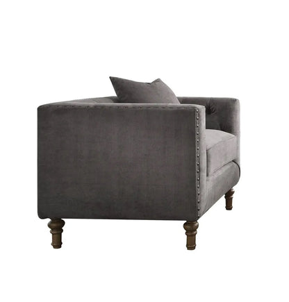 LAUREL 41" GRAY AND ANTIQUED BRASS VELVET TUFTED ARMCHAIR AND TOSS PILLOW