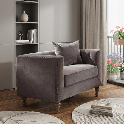 LAUREL 41" GRAY AND ANTIQUED BRASS VELVET TUFTED ARMCHAIR AND TOSS PILLOW