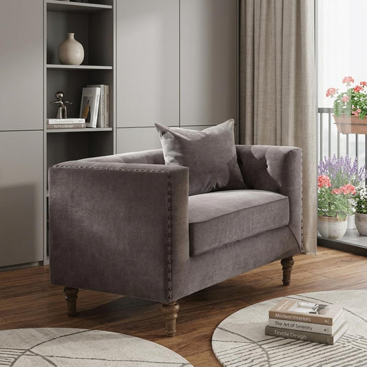 LAUREL 41" GRAY AND ANTIQUED BRASS VELVET TUFTED ARMCHAIR AND TOSS PILLOW
