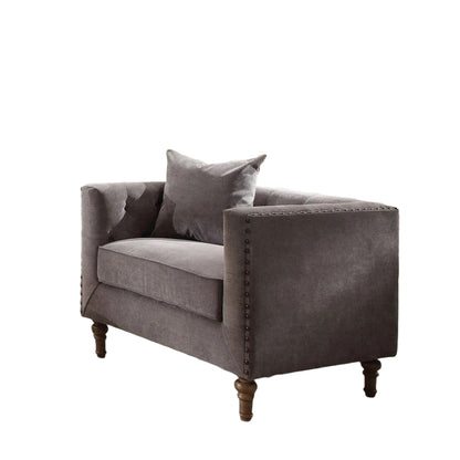 LAUREL 41" GRAY AND ANTIQUED BRASS VELVET TUFTED ARMCHAIR AND TOSS PILLOW