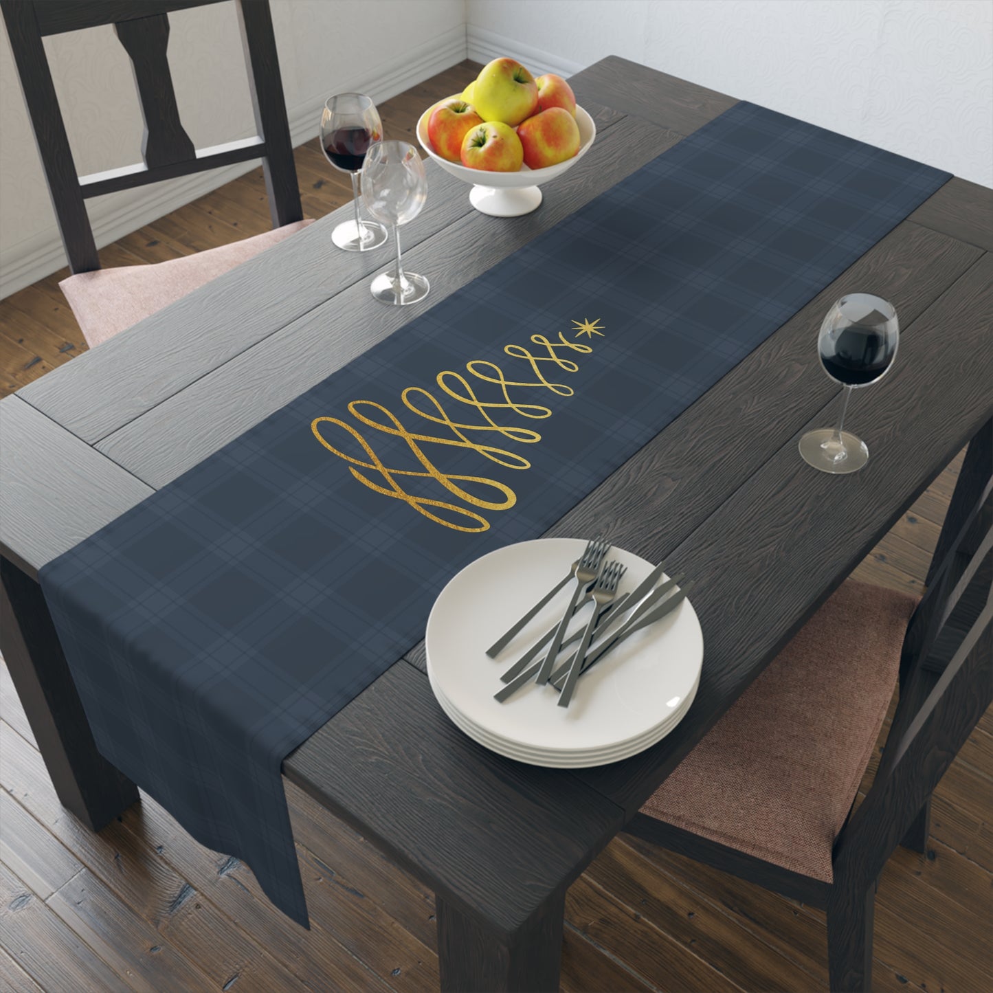 Blue Tartan Christmas Tree Table Runner (Cotton, Poly) - Varnish & Vibe