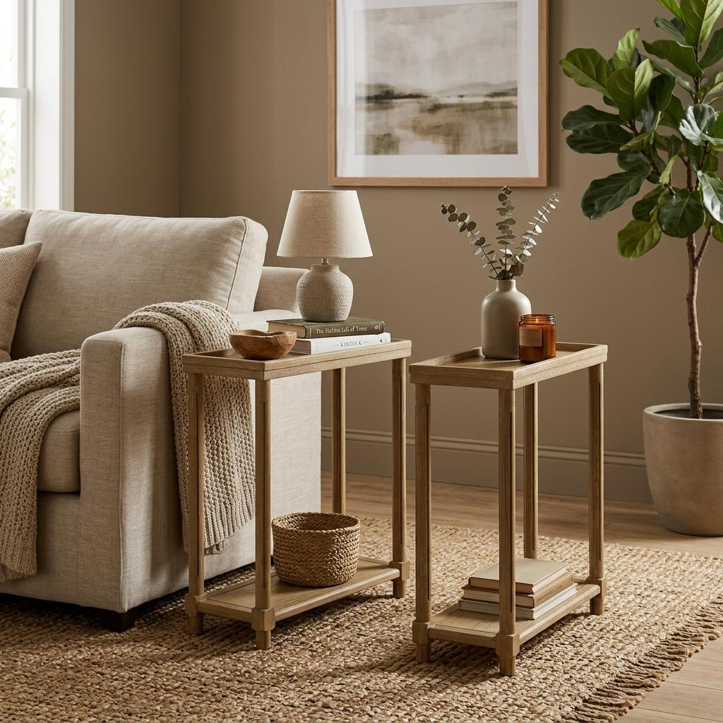 Pair of oak wood end tables with bottom shelf from the Palisades fall collection