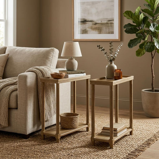 Pair of oak wood end tables with bottom shelf from the Palisades fall collection