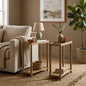 Pair of oak wood end tables with bottom shelf from the Palisades fall collection