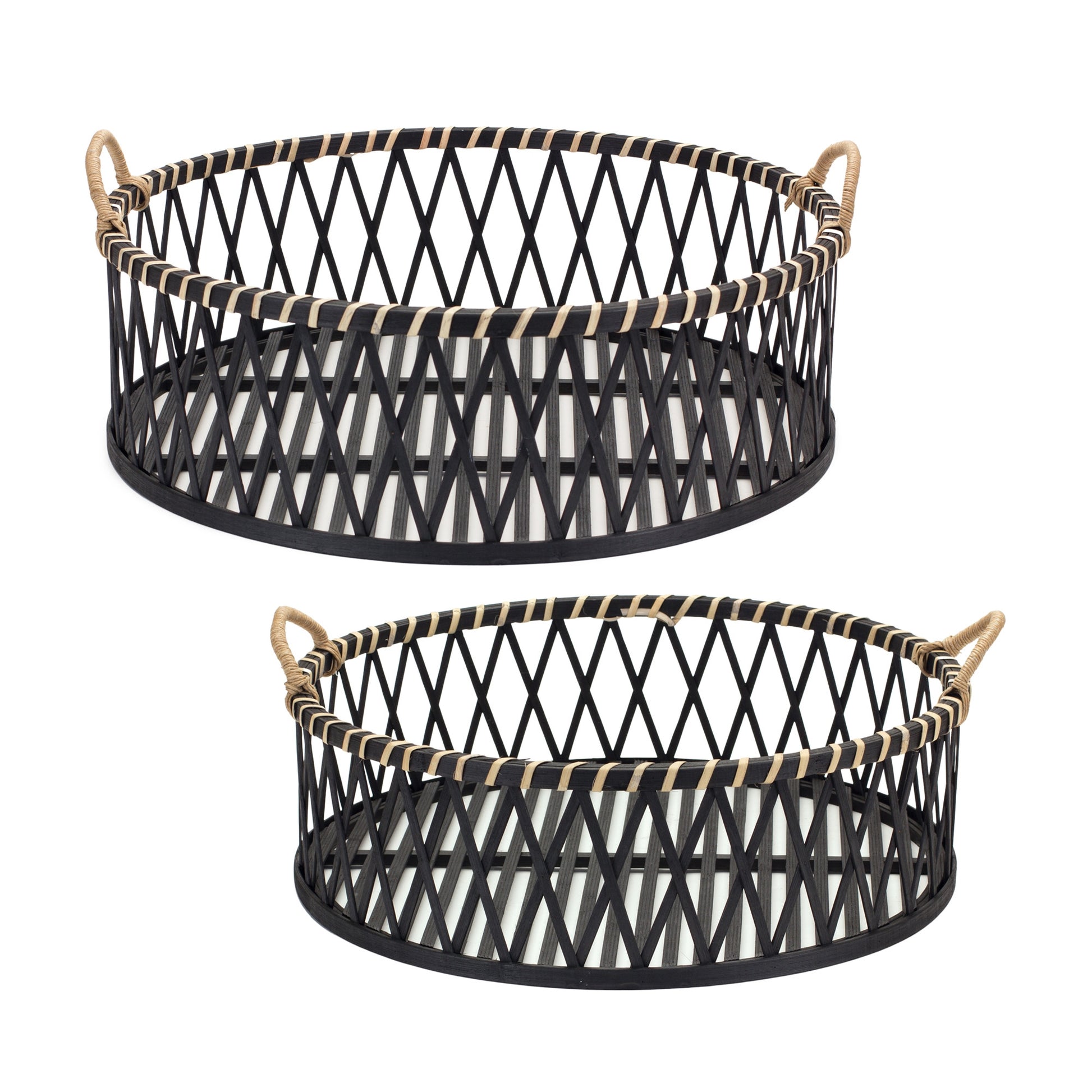 SET OF TWO BLACK AND TAN ROUND BAMBOO SERVING TRAY WITH HANDLES - Varnish & Vibe