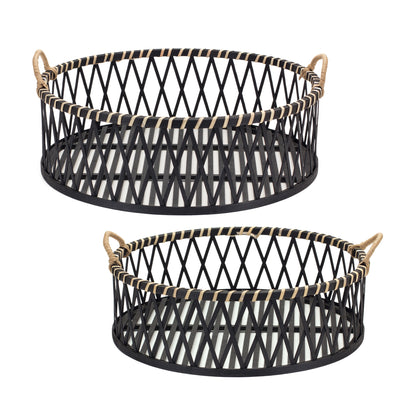 SET OF TWO BLACK AND TAN ROUND BAMBOO SERVING TRAY WITH HANDLES - Varnish & Vibe