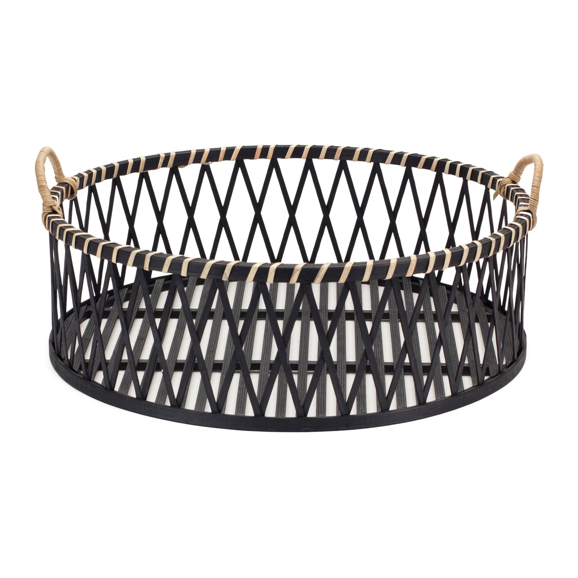SET OF TWO BLACK AND TAN ROUND BAMBOO SERVING TRAY WITH HANDLES - Varnish & Vibe