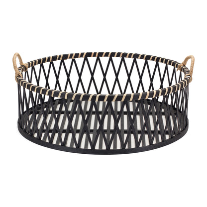 SET OF TWO BLACK AND TAN ROUND BAMBOO SERVING TRAY WITH HANDLES - Varnish & Vibe