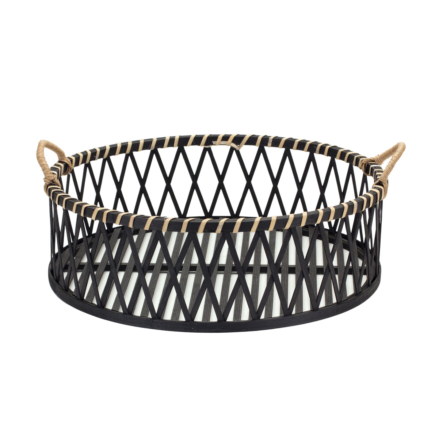 SET OF TWO BLACK AND TAN ROUND BAMBOO SERVING TRAY WITH HANDLES - Varnish & Vibe