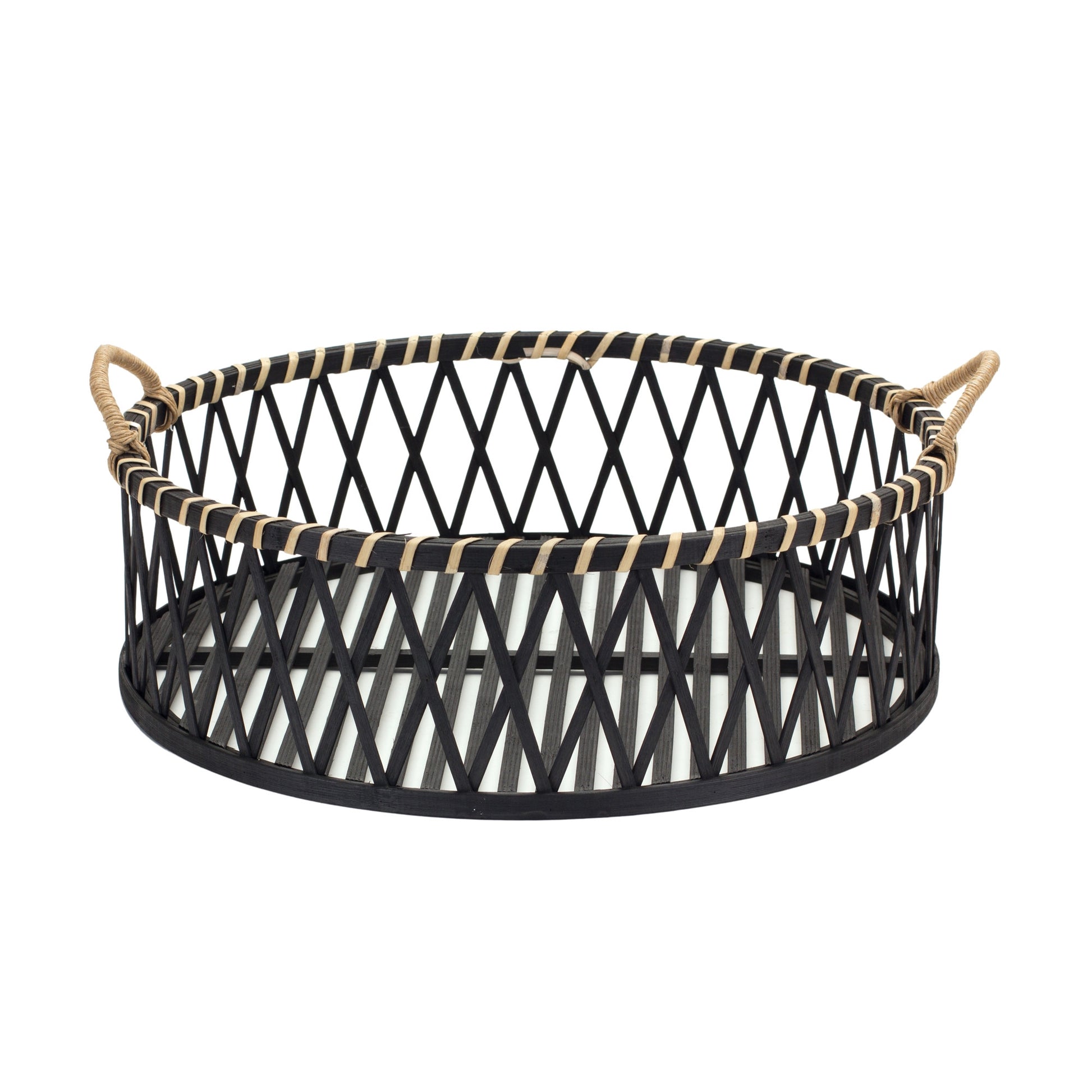 SET OF TWO BLACK AND TAN ROUND BAMBOO SERVING TRAY WITH HANDLES - Varnish & Vibe