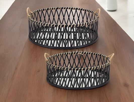 SET OF TWO BLACK AND TAN ROUND BAMBOO SERVING TRAY WITH HANDLES - Varnish & Vibe