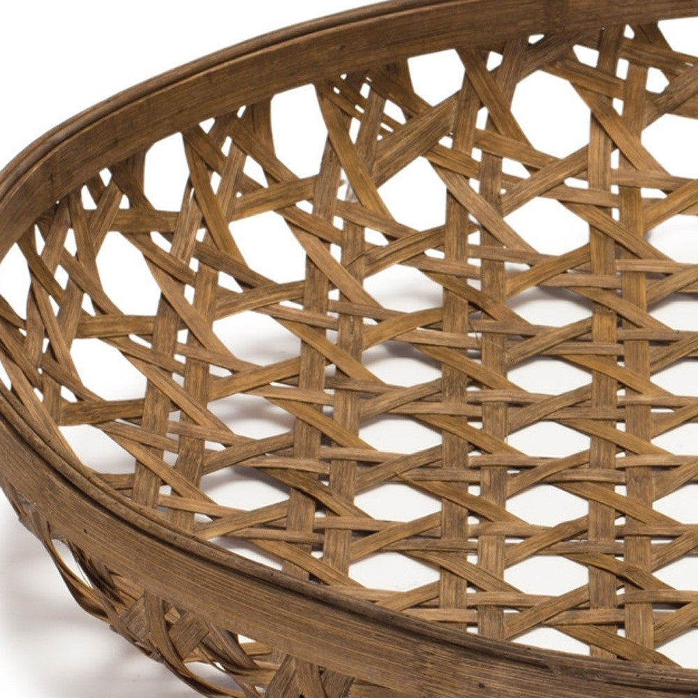 26" BROWN BAMBOO WEAVE ROUND WOOD VANITY TRAY - Varnish & Vibe