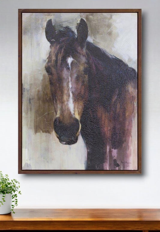 CALABASAS 32" X 24" BROWN BLACK AND WHITE HORSE WOOD FRAMED ART - Varnish & Vibe