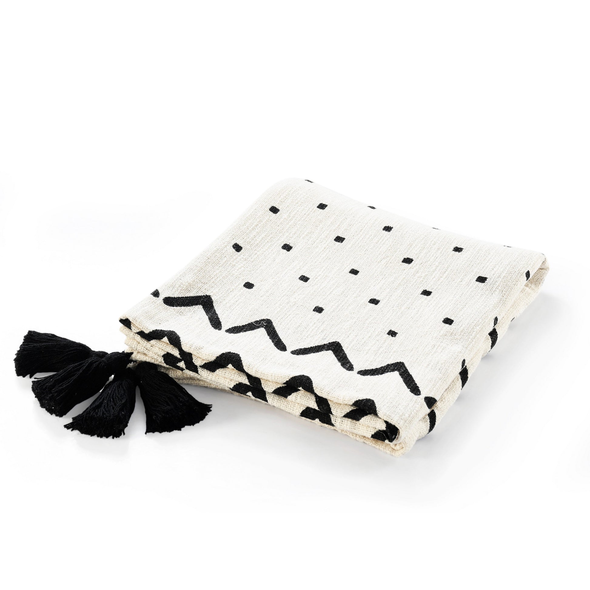 PALISADES 50" X 60" BLACK AND WHITE WOVEN COTTON CHEVRON THROW BLANKET WITH TASSELS - Varnish & Vibe