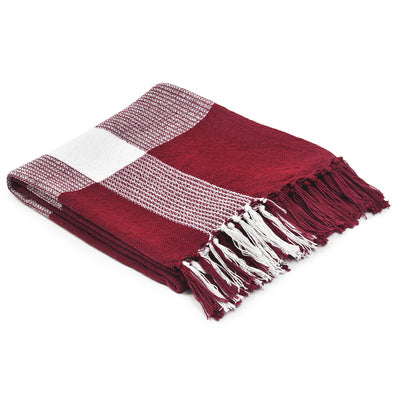 LAUREL 50" X 60" RED WOVEN COTTON CHECKERED THROW BLANKET WITH FRINGE