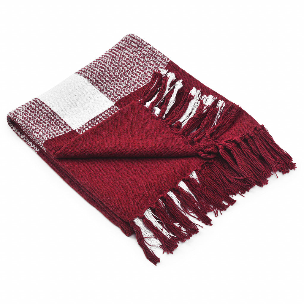 LAUREL 50" X 60" RED WOVEN COTTON CHECKERED THROW BLANKET WITH FRINGE