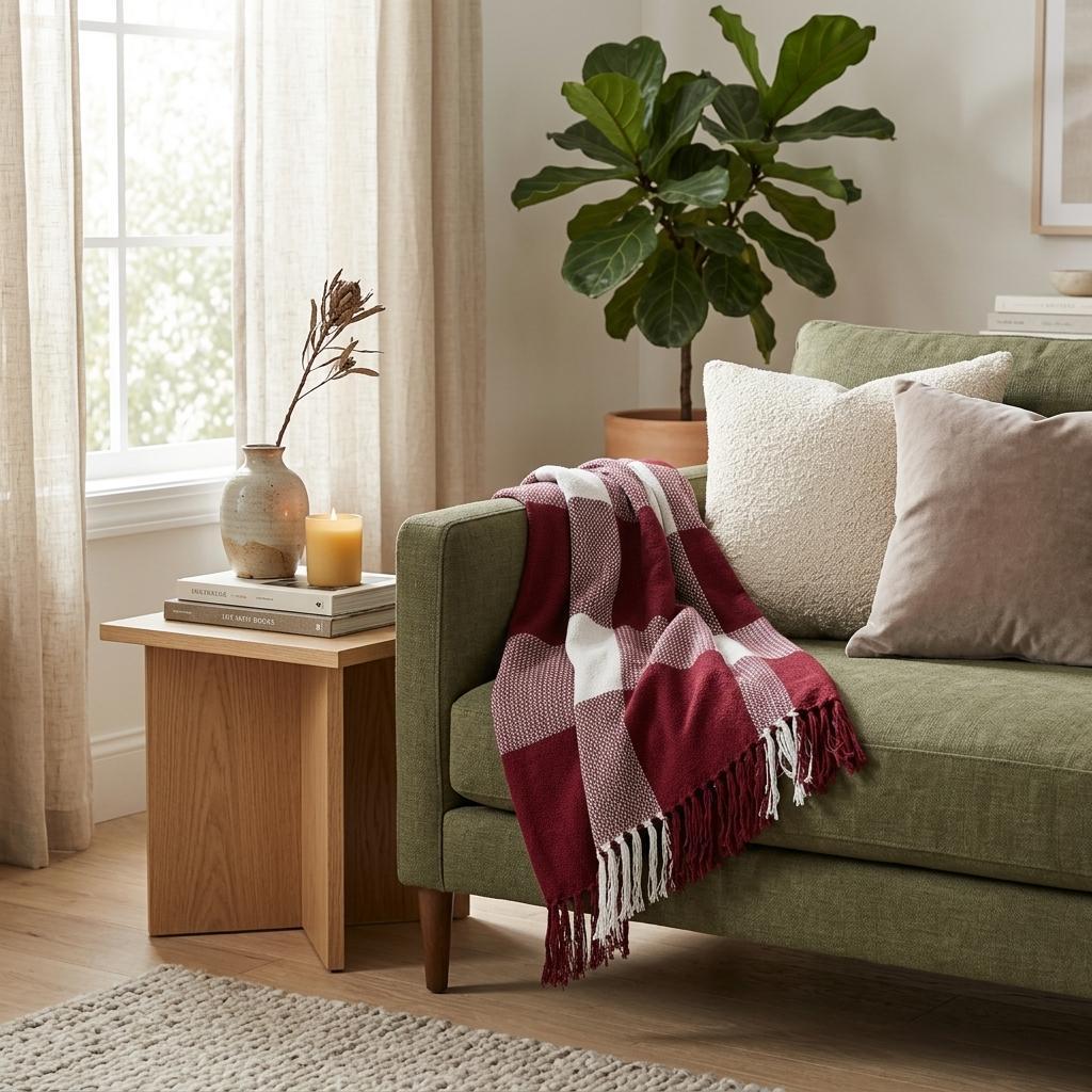 LAUREL 50" X 60" RED WOVEN COTTON CHECKERED THROW BLANKET WITH FRINGE