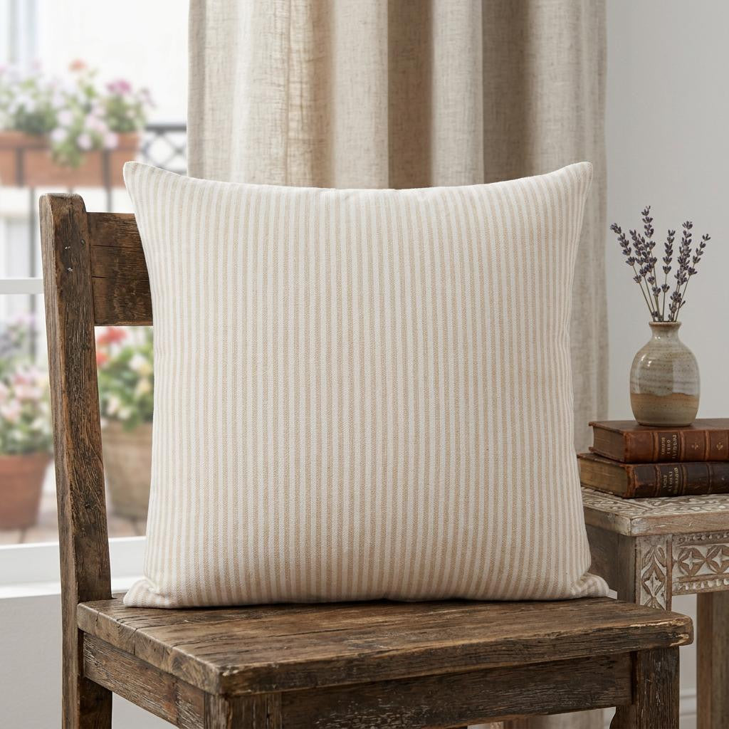 MALIBU 20" X 20" BEIGE AND WHITE 100% COTTON STRIPED ZIPPERED PILLOW - Varnish & Vibe
