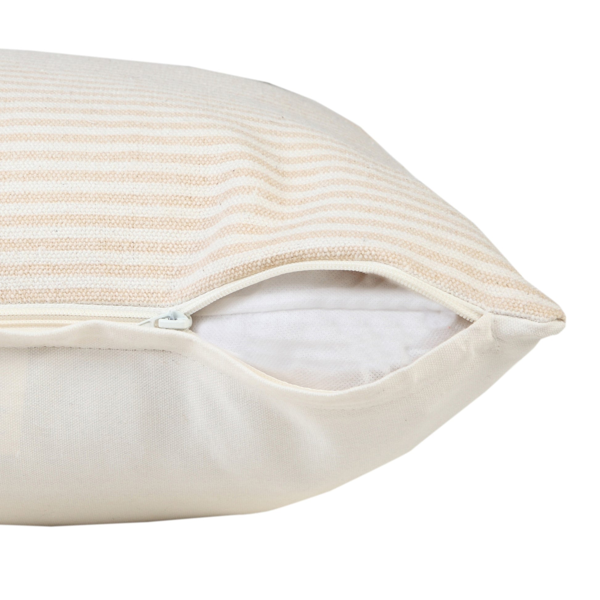 MALIBU 20" X 20" BEIGE AND WHITE 100% COTTON STRIPED ZIPPERED PILLOW - Varnish & Vibe