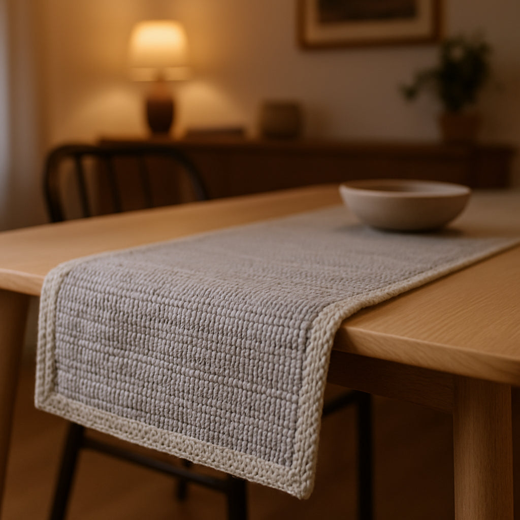 Gray textured table runner on a wooden table with a blurred background