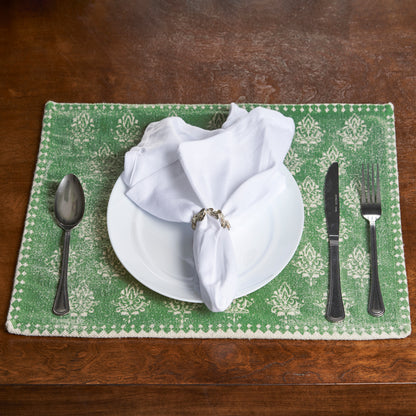 19" SET OF FOUR GREEN AND CREAM GEOMETRIC MEDALLION COTTON PLACEMATS - Varnish & Vibe