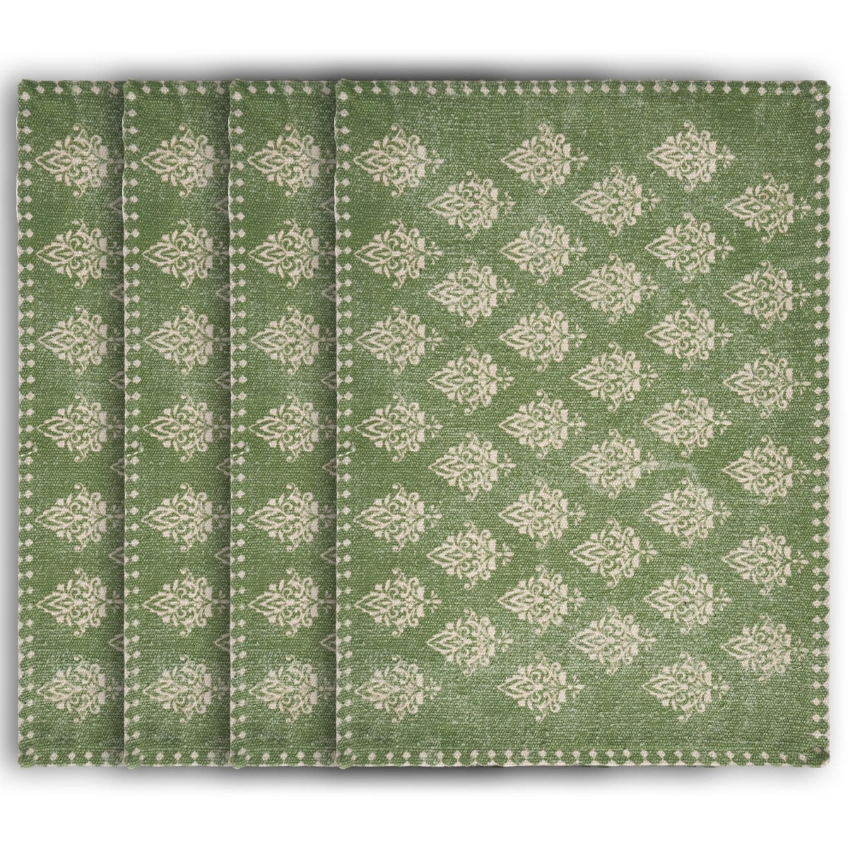 19" SET OF FOUR GREEN AND CREAM GEOMETRIC MEDALLION COTTON PLACEMATS - Varnish & Vibe