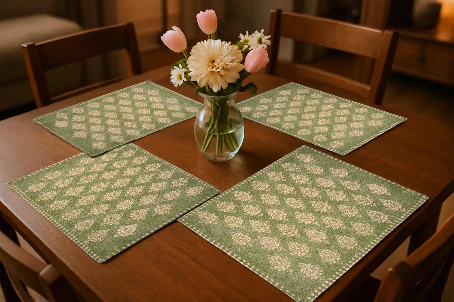 19" SET OF FOUR GREEN AND CREAM GEOMETRIC MEDALLION COTTON PLACEMATS - Varnish & Vibe
