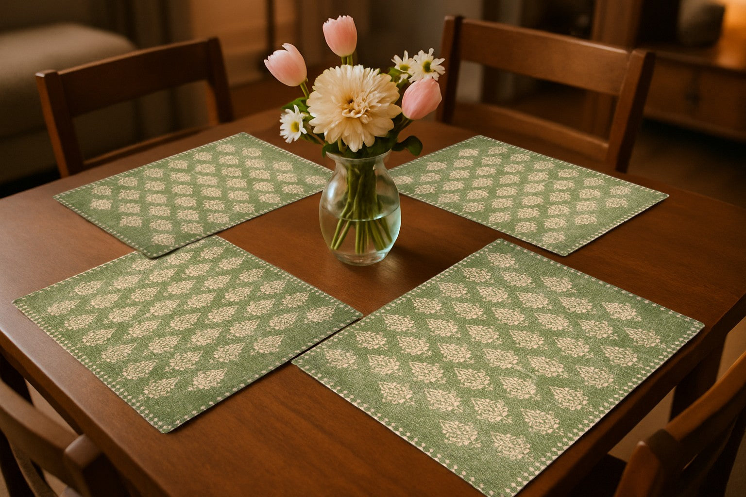 19" SET OF FOUR GREEN AND CREAM GEOMETRIC MEDALLION COTTON PLACEMATS - Varnish & Vibe