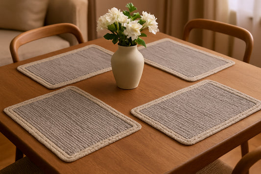 Dining table with placemats and a vase of flowers in a home setting