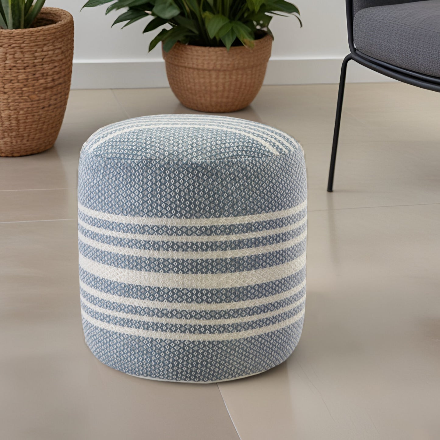 LAKEVIEW 20" BLUE STRIPED OUTDOOR POUF OTTOMAN