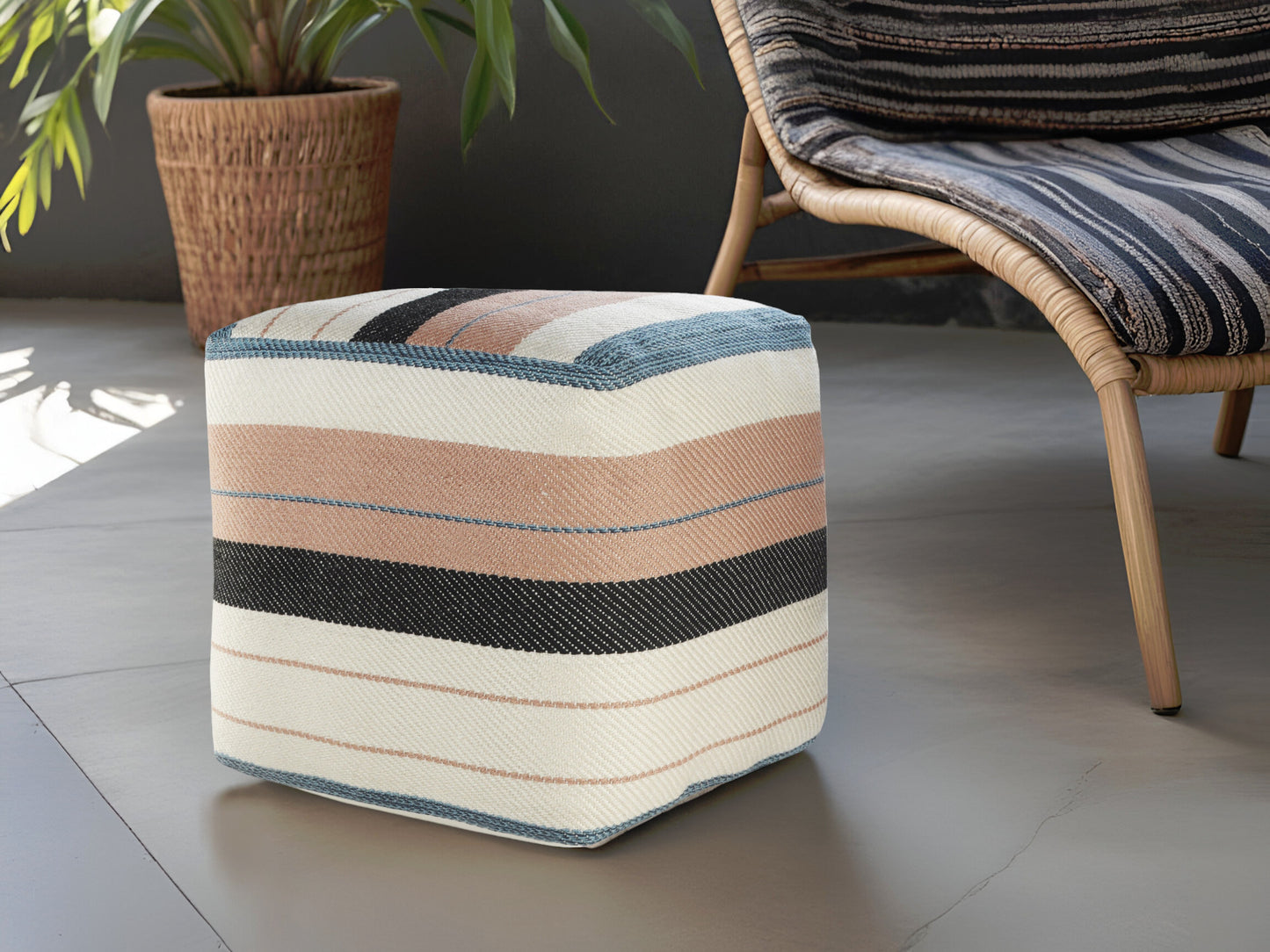 LAKEVIEW 20" WHITE STRIPED OUTDOOR POUF OTTOMAN