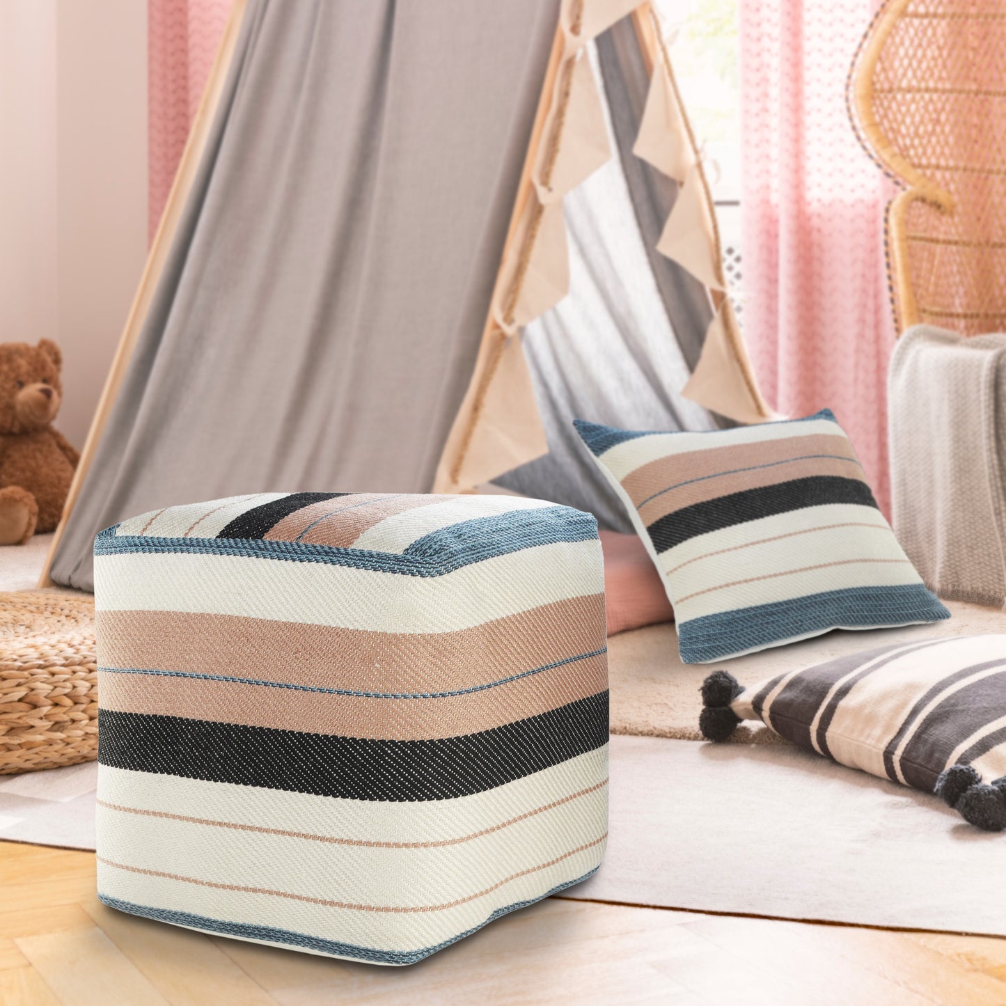 LAKEVIEW 20" WHITE STRIPED OUTDOOR POUF OTTOMAN