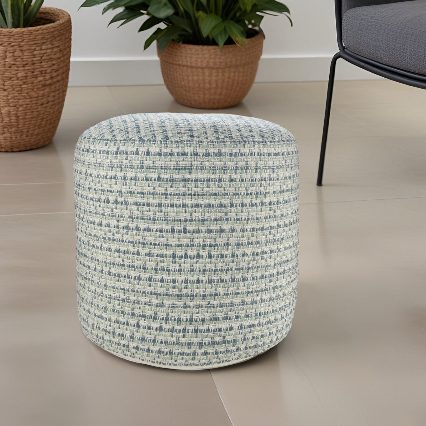LAKEVIEW 20" BLUE GEOMETRIC OUTDOOR POUF OTTOMAN