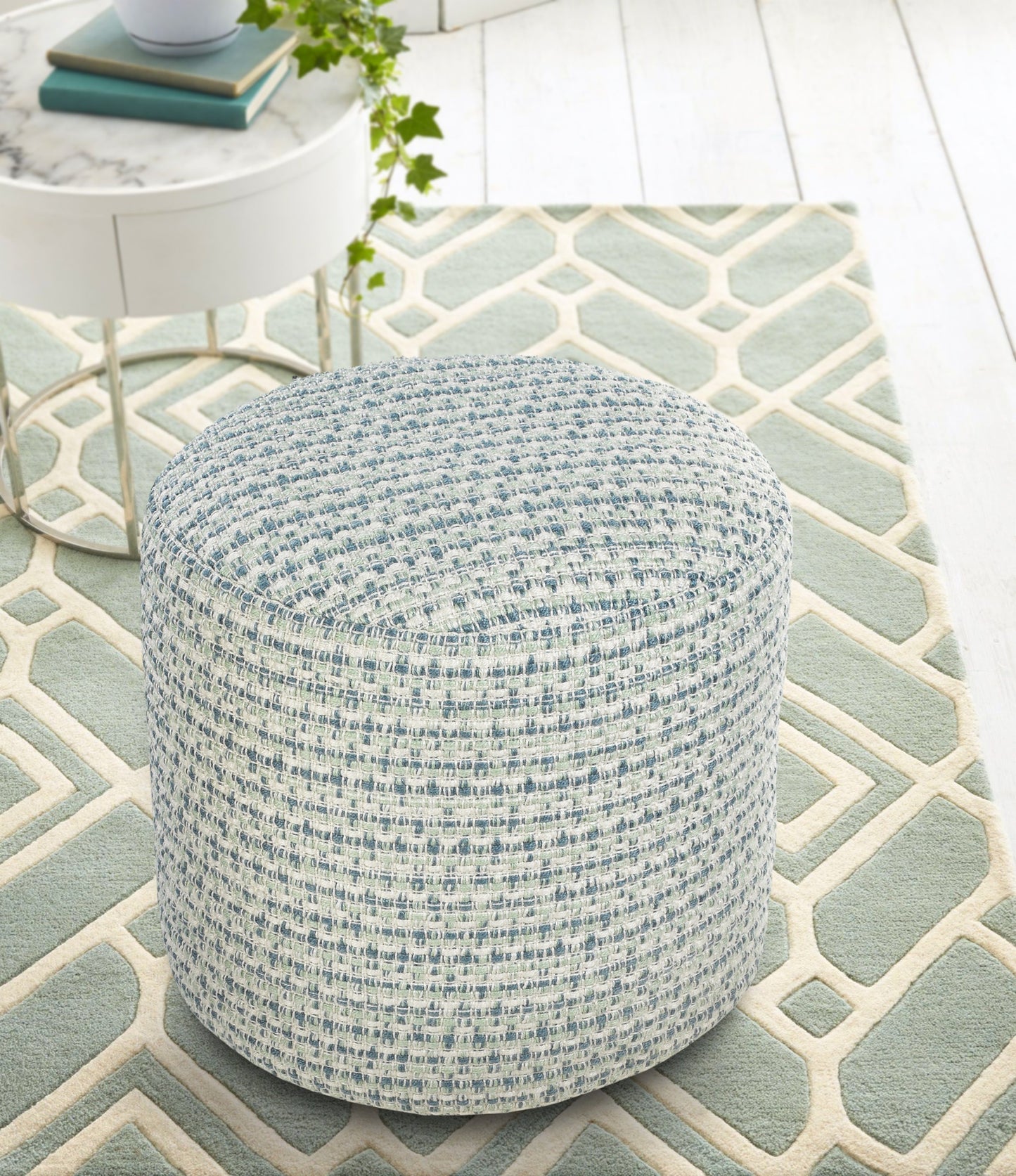 LAKEVIEW 20" BLUE GEOMETRIC OUTDOOR POUF OTTOMAN