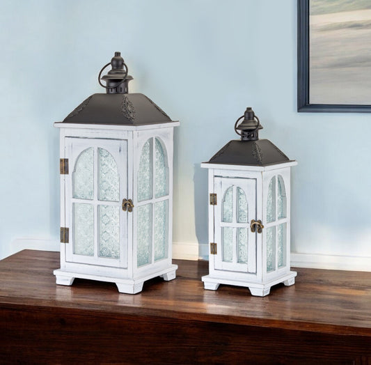 Wood and Metal Black and White Floor Lantern Candle Holders - Varnish & Vibe