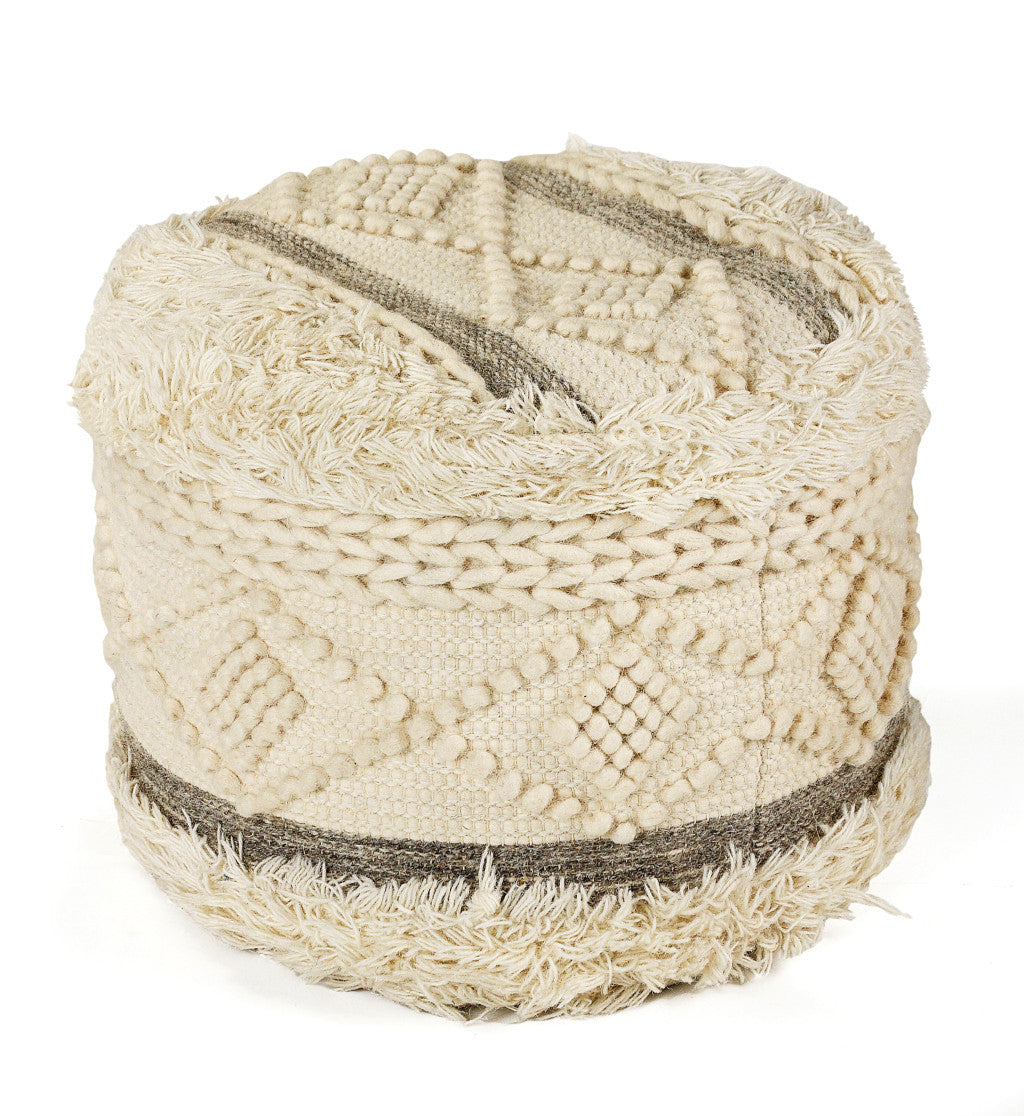 18" CREAM WOOL COTTON BLEND ROUND GEOMETRIC POUF OTTOMAN - Varnish & Vibe