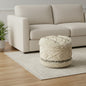 Woven ottoman in a living room setting with a beige sofa and plant.