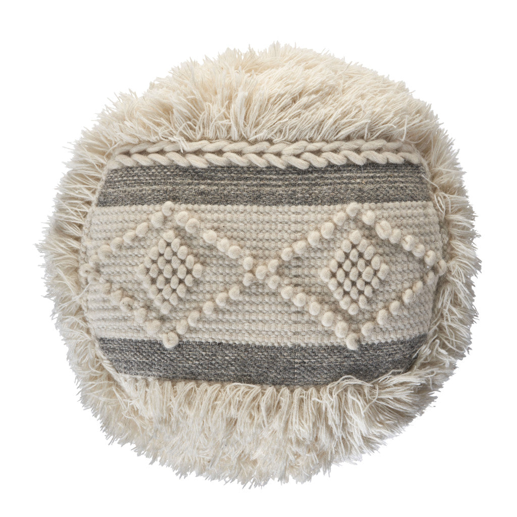 18" CREAM WOOL COTTON BLEND ROUND GEOMETRIC POUF OTTOMAN - Varnish & Vibe