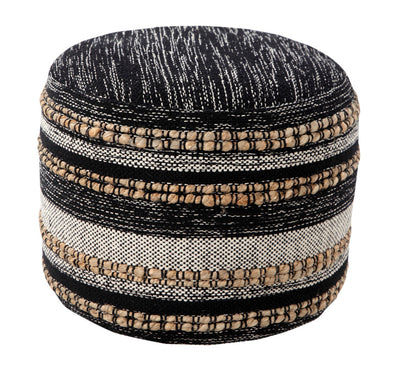 Round woven ottoman with black, beige, and white stripes on a white background