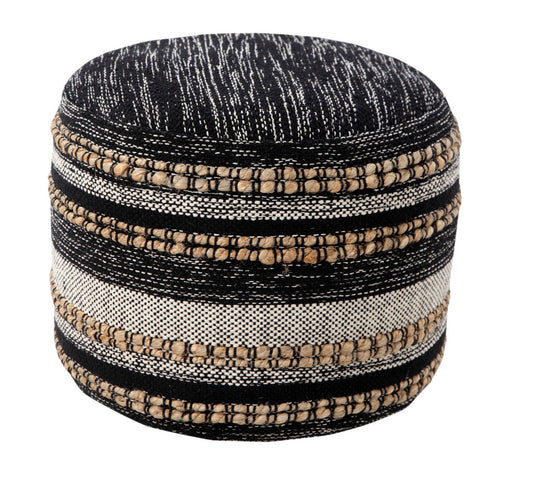 Round woven ottoman with black, beige, and white stripes on a white background