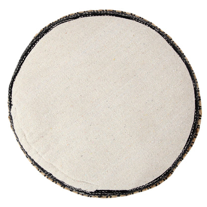 Round beige cushion with dark brown trim on a white background