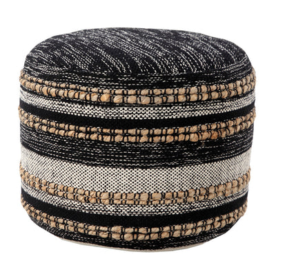 Round woven ottoman with black, beige, and white stripes on a white background