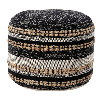 Round ottoman with striped pattern in black, beige, and white on a white background