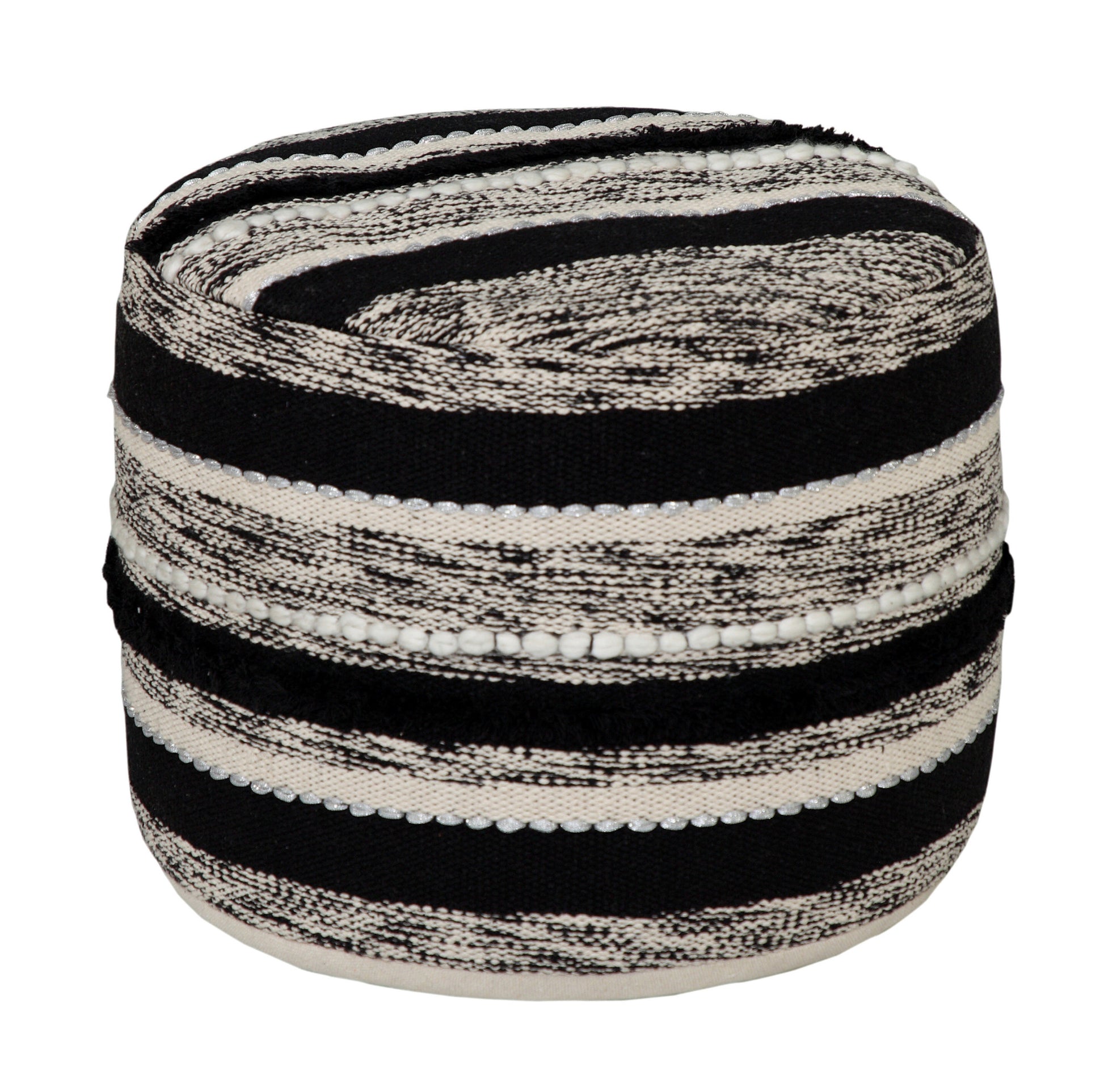 Woven basket with black and white striped pattern on a white background