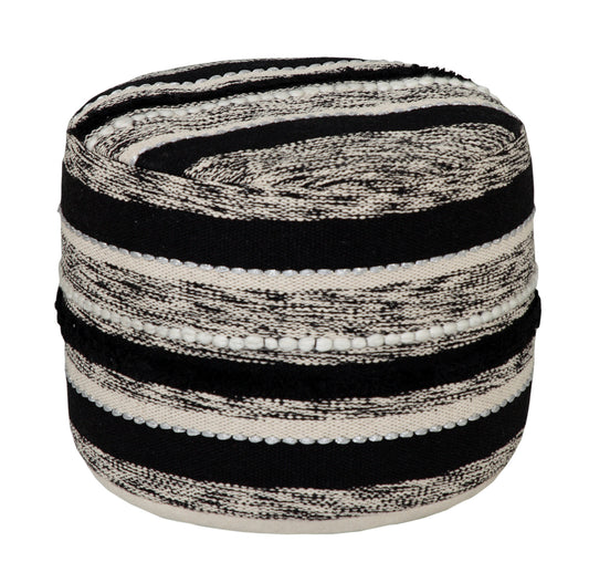 Woven basket with black and white striped pattern on a white background