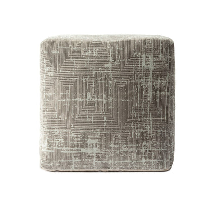 Textured square ottoman with geometric pattern on a white background