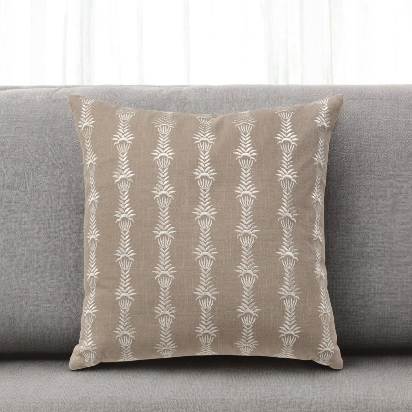 MALIBU 20" TAUPE AND WHITE COTTON THROW PILLOW WITH EMBROIDERY - Varnish & Vibe