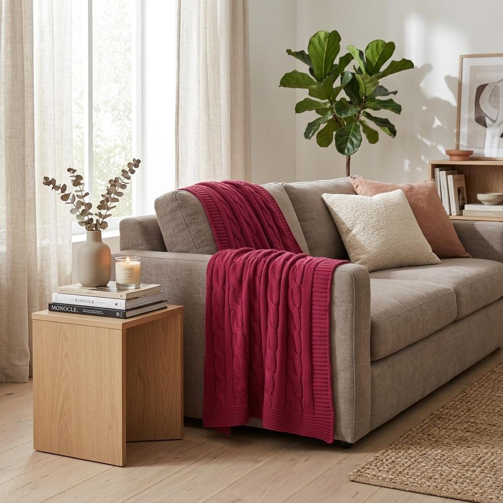 LAUREL RED KNITTED 100% COTTON THROW BLANKET