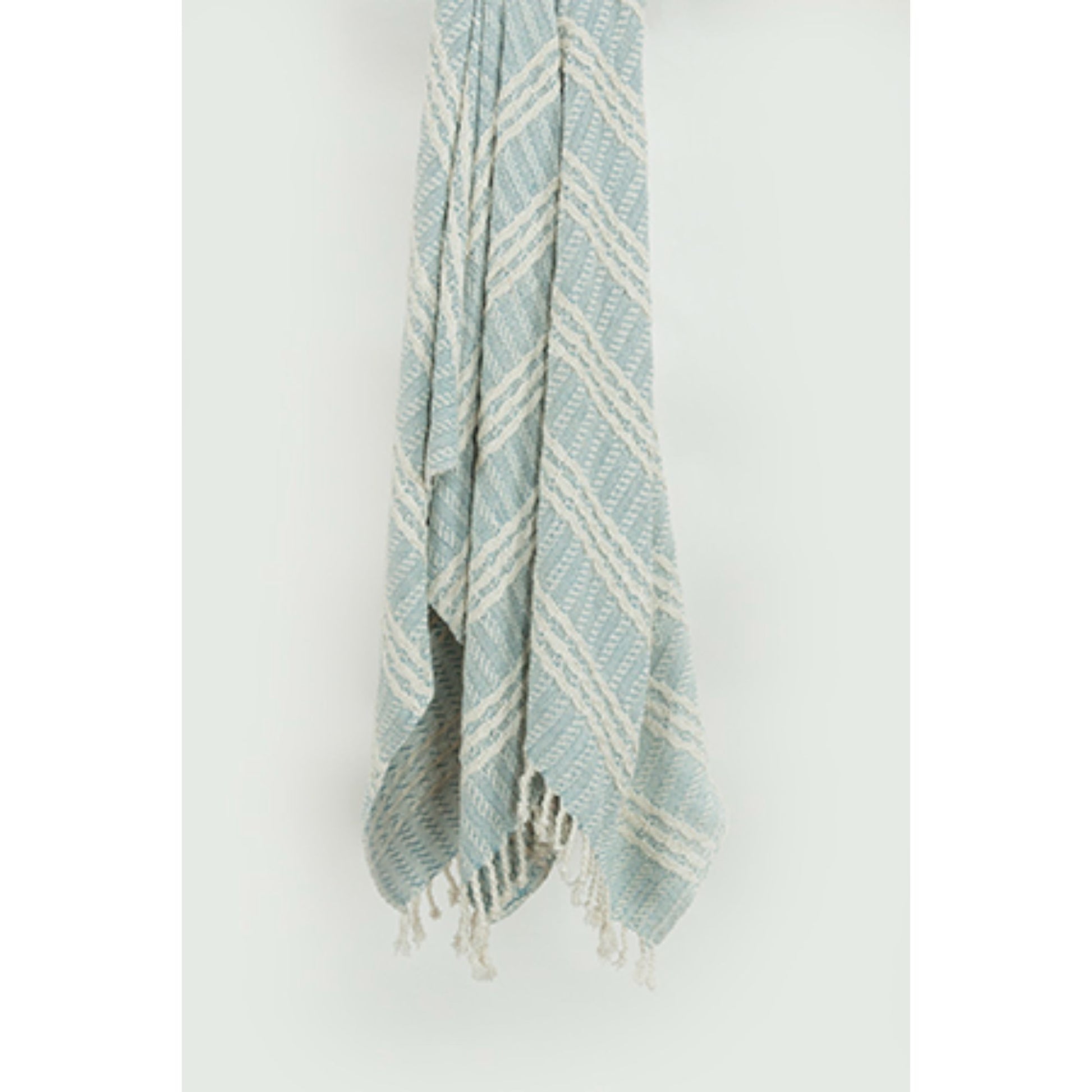 MALIBU 50" X 60" LIGHT BLUE AND IVORY STRIPED COTTON THROW BLANKET WITH FRINGE - Varnish & Vibe